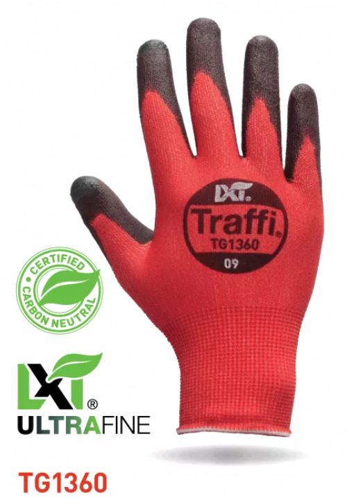 Traffi® TG1360 LXT® Carbon Neutral 18-gauge red seamless knit X-Dura Polyurethane A1 Touchscreen Cut Gloves